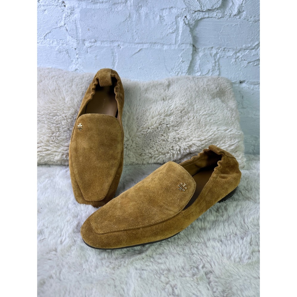 Tory Burch Suede Loafers Tan Brown Scrunch Back Square Toe Flats Shoes Size 8